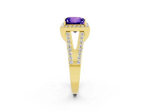 Yellow gold Princess Cut Tanzanite Halo Ring with Split Shank U-Prong Band and Four-Prong Setting_2