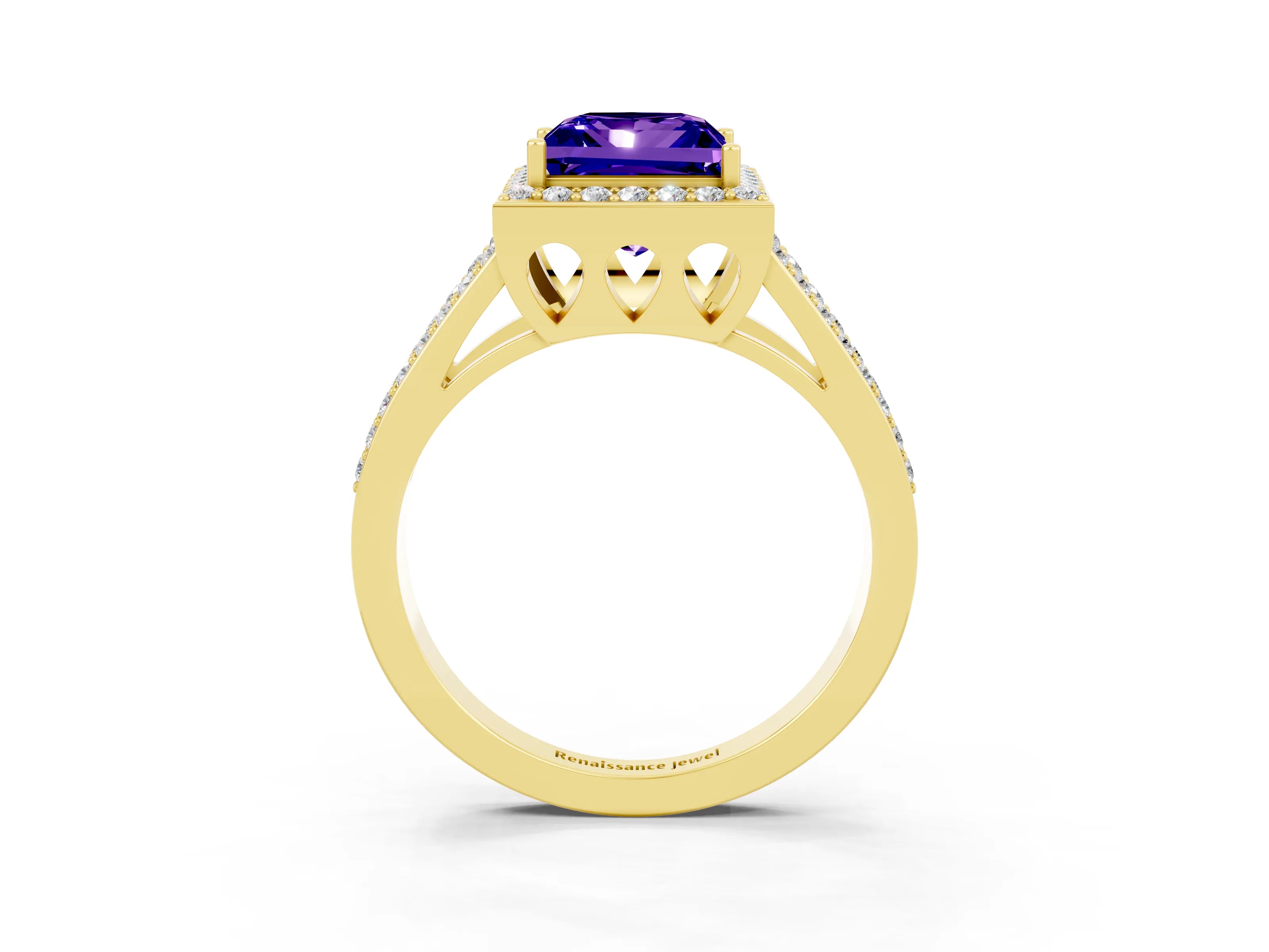 Yellow gold Princess Cut Tanzanite Halo Ring with Split Shank U-Prong Band and Four-Prong Setting_3