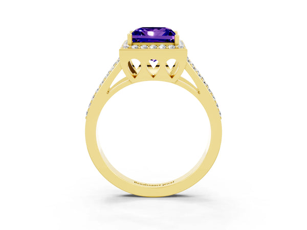 Yellow gold Princess Cut Tanzanite Halo Ring with Split Shank U-Prong Band and Four-Prong Setting