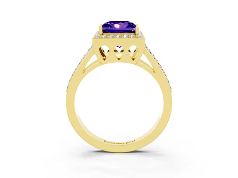 Yellow gold Princess Cut Tanzanite Halo Ring with Split Shank U-Prong Band and Four-Prong Setting_3