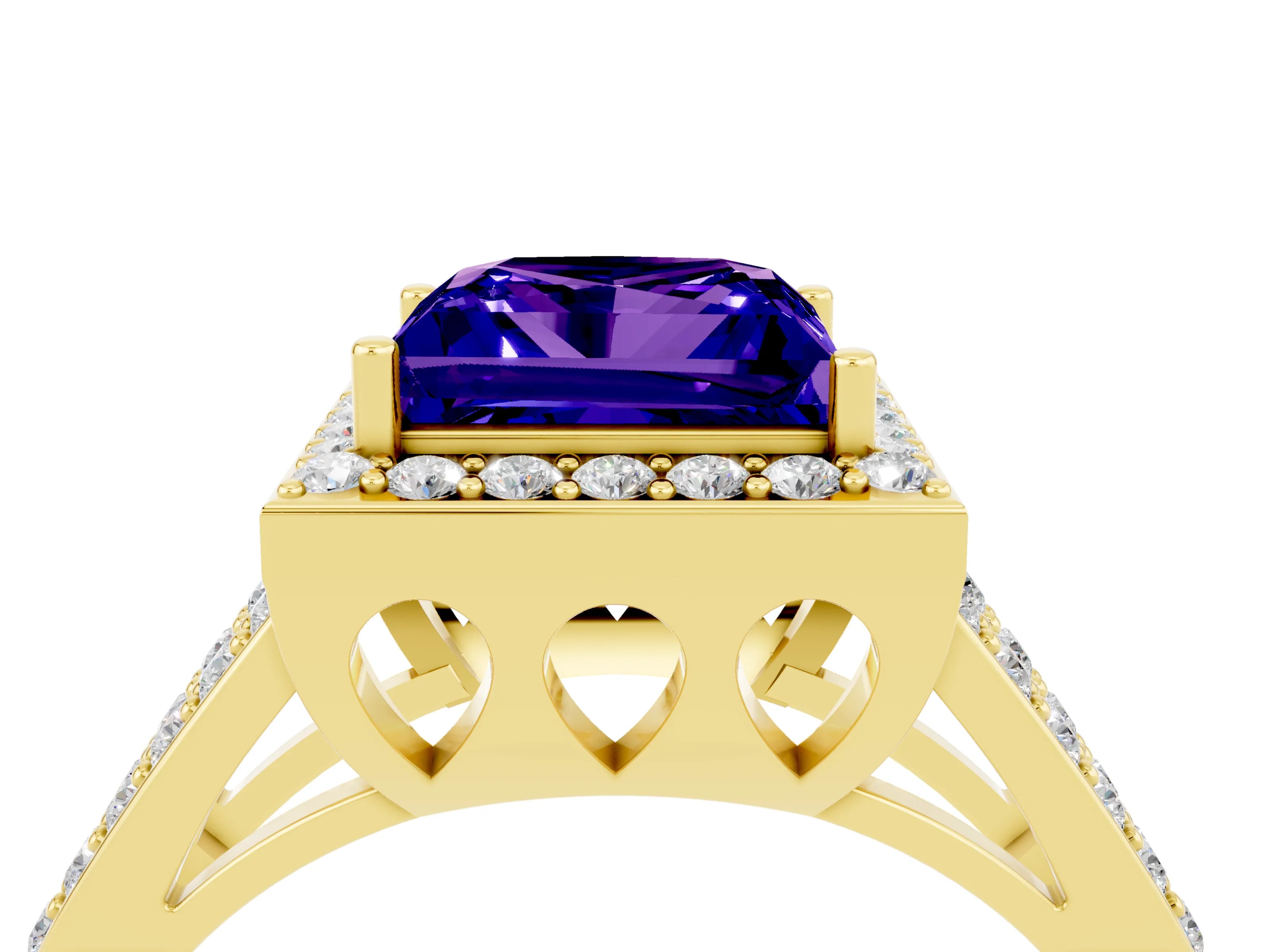 Yellow gold Princess Cut Tanzanite Halo Ring with Split Shank U-Prong Band and Four-Prong Setting_4