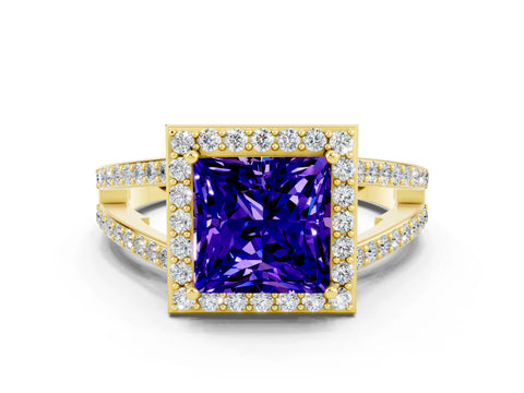 Yellow gold Princess Cut Tanzanite Halo Ring with Split Shank U-Prong Band and Four-Prong Setting