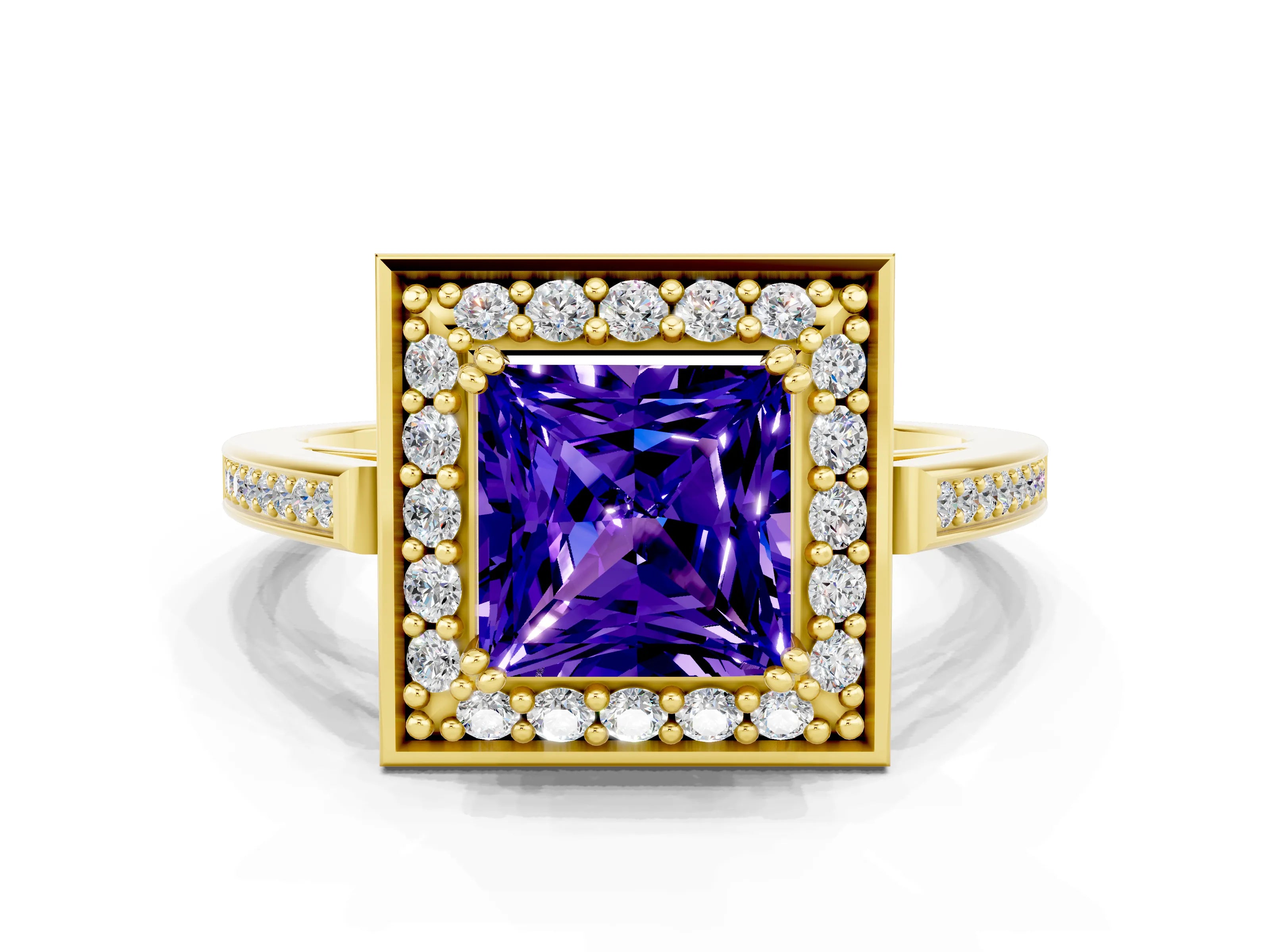 Yellow gold Princess Cut Tanzanite Halo Ring with Split Shank and Four-Prong Setting