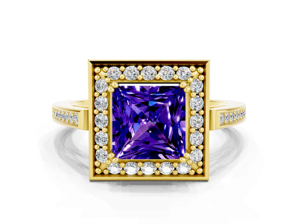 Yellow gold Princess Cut Tanzanite Halo Ring with Split Shank and Four-Prong Setting