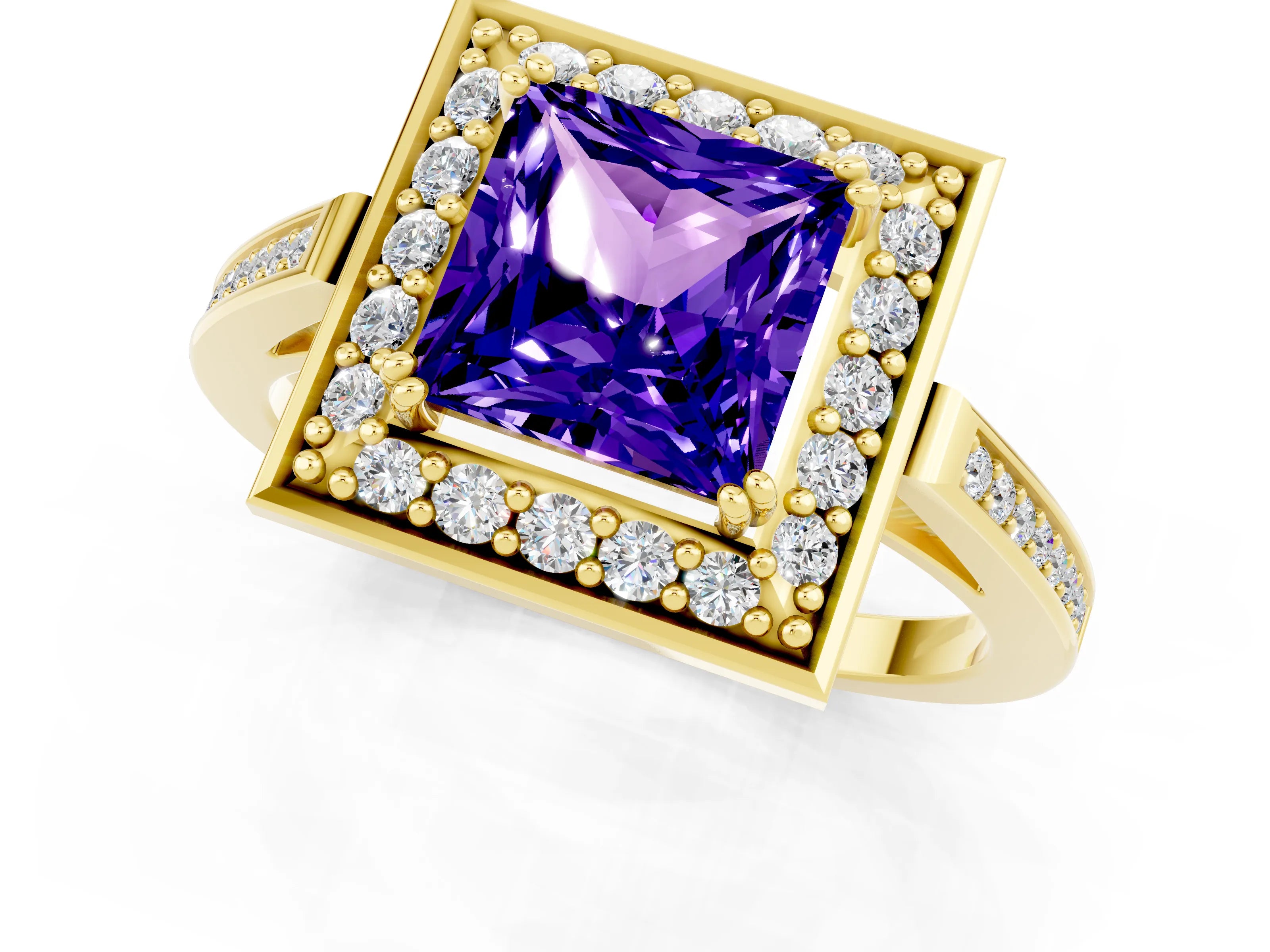 Yellow gold Princess Cut Tanzanite Halo Ring with Split Shank and Four-Prong Setting_1