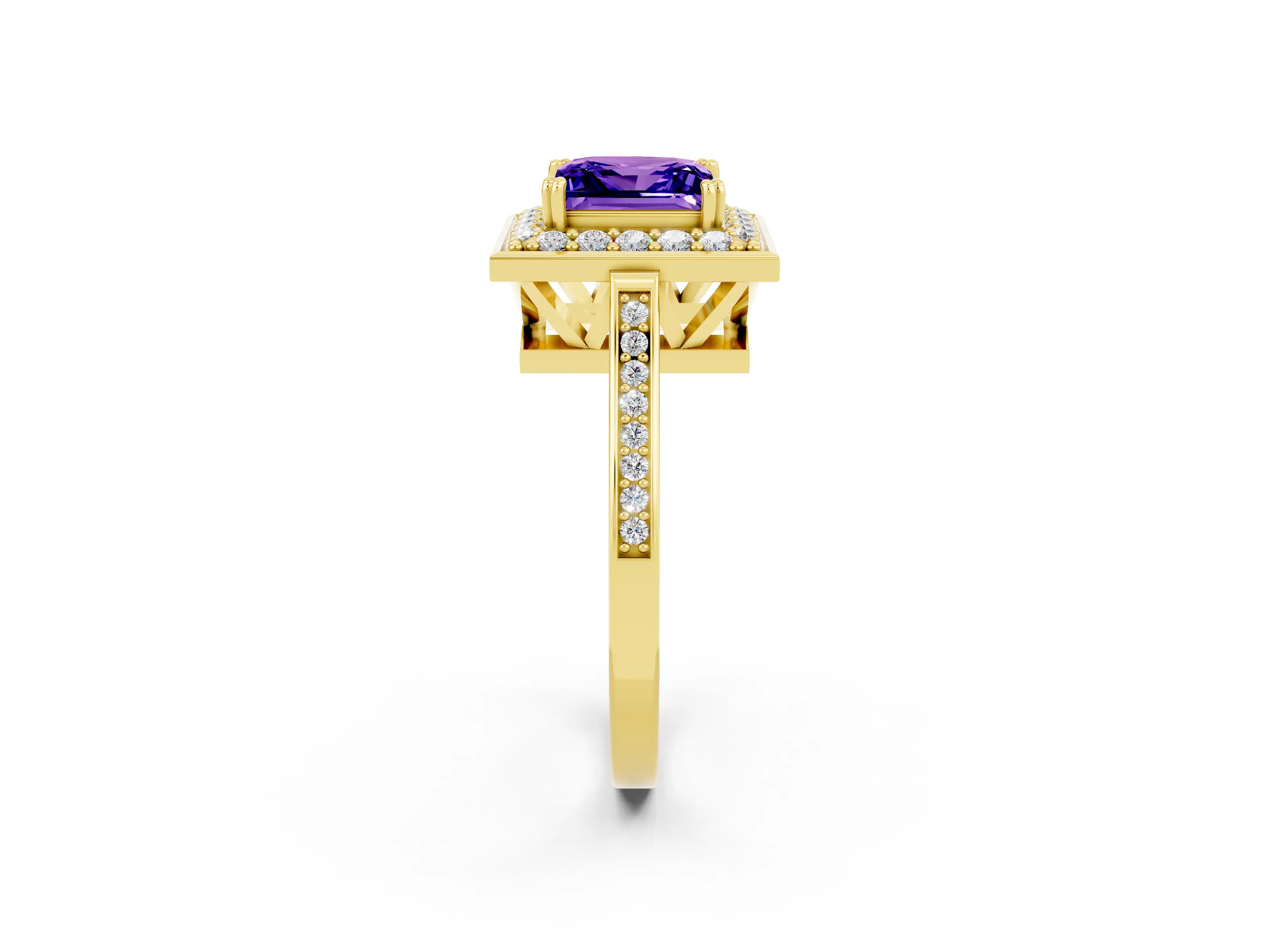 Yellow gold Princess Cut Tanzanite Halo Ring with Split Shank and Four-Prong Setting_2