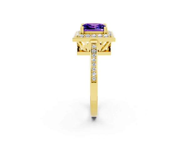 Yellow gold Princess Cut Tanzanite Halo Ring with Split Shank and Four-Prong Setting