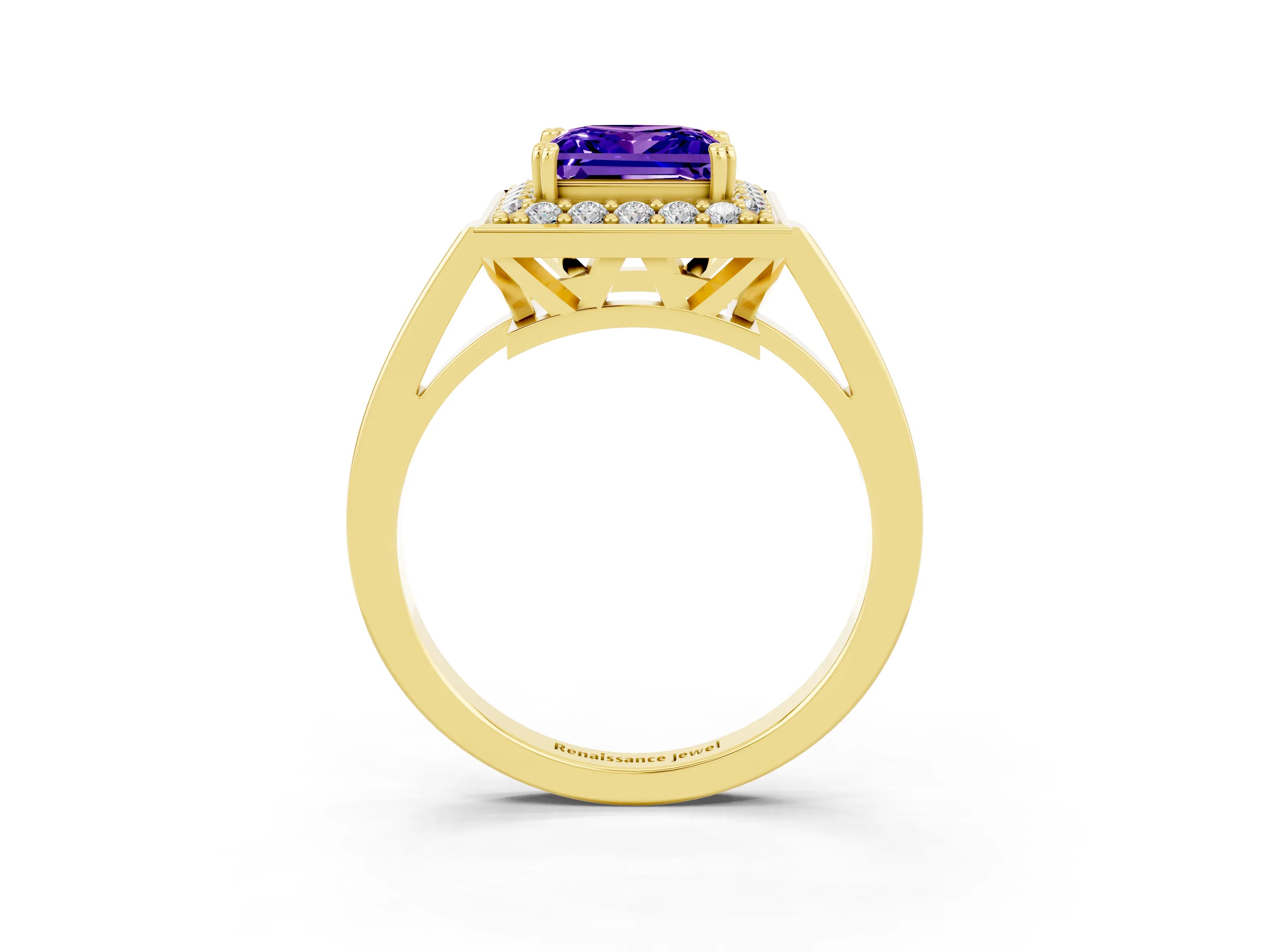 Yellow gold Princess Cut Tanzanite Halo Ring with Split Shank and Four-Prong Setting_3
