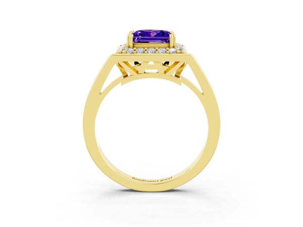 Yellow gold Princess Cut Tanzanite Halo Ring with Split Shank and Four-Prong Setting