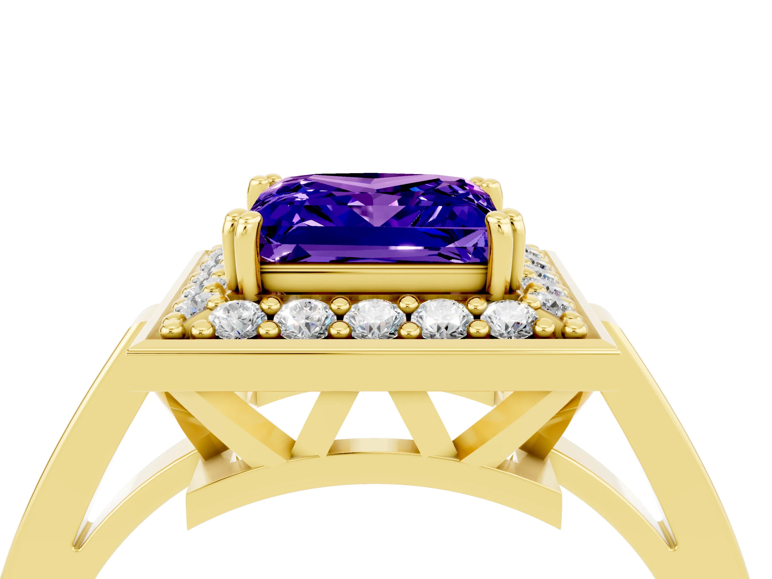 Yellow gold Princess Cut Tanzanite Halo Ring with Split Shank and Four-Prong Setting_4
