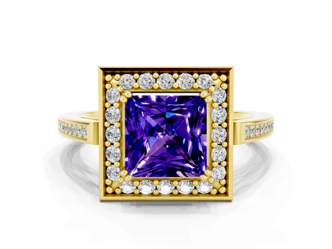 Yellow gold Princess Cut Tanzanite Halo Ring with Split Shank and Four-Prong Setting