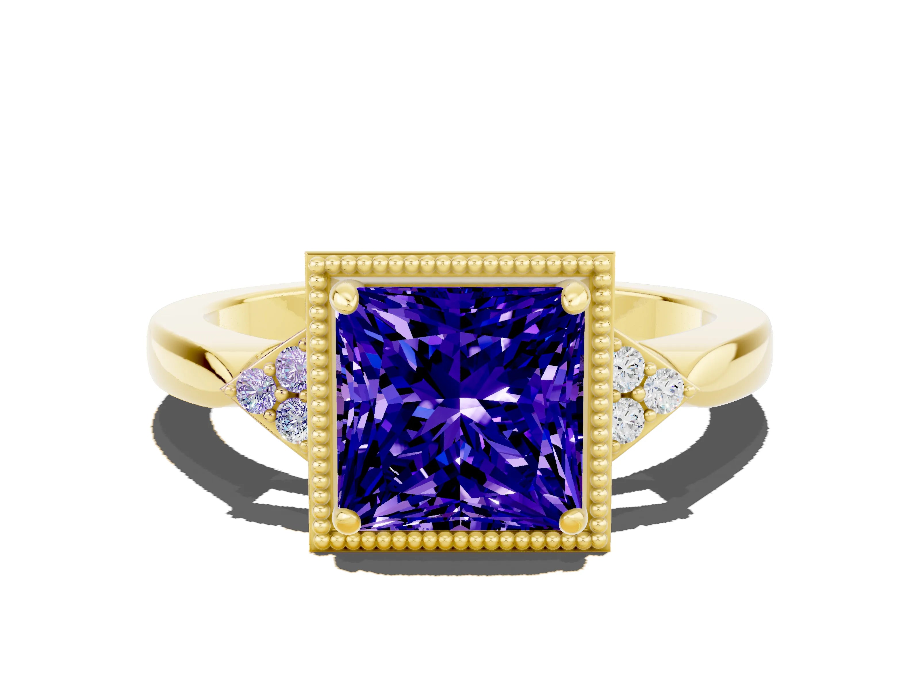 Yellow gold Princess Cut Tanzanite Halo Ring with Tapered Band and Four-Prong Setting