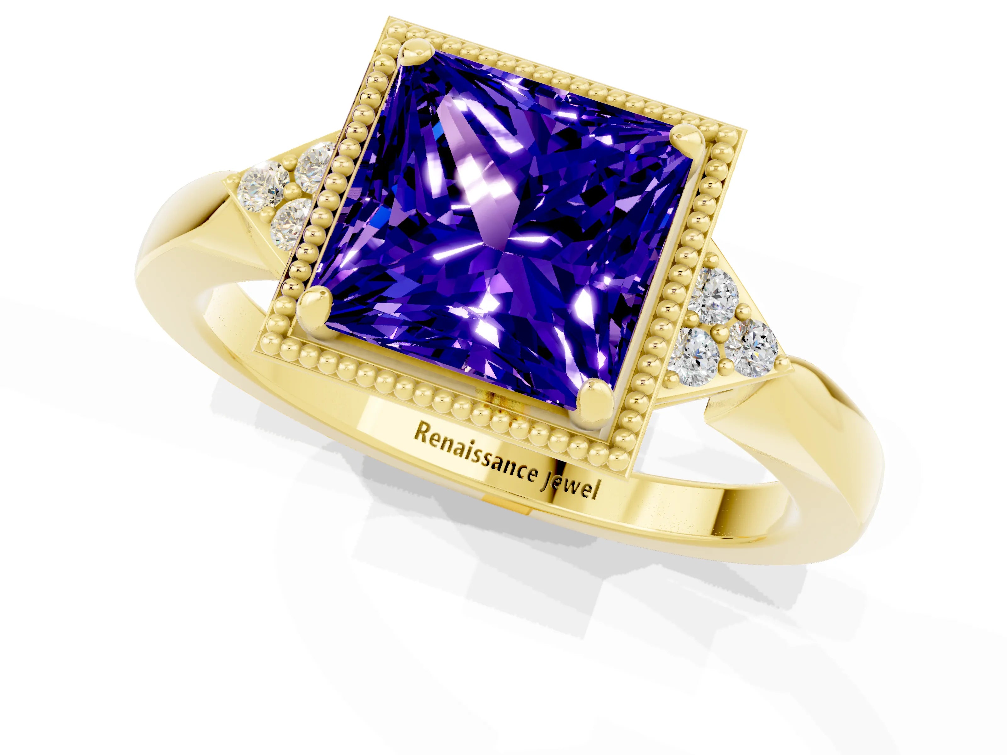 Yellow gold Princess Cut Tanzanite Halo Ring with Tapered Band and Four-Prong Setting_1
