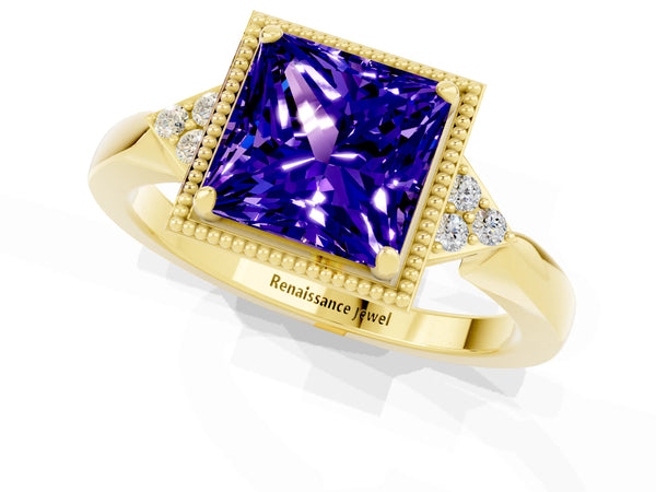 Yellow gold Princess Cut Tanzanite Halo Ring with Tapered Band and Four-Prong Setting