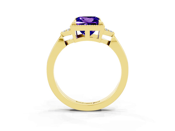 Yellow gold Princess Cut Tanzanite Halo Ring with Tapered Band and Four-Prong Setting