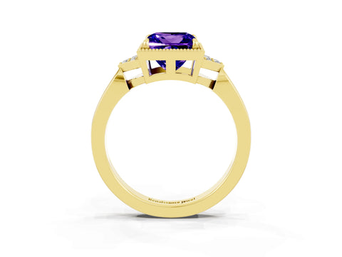 Yellow gold Princess Cut Tanzanite Halo Ring with Tapered Band and Four-Prong Setting_3
