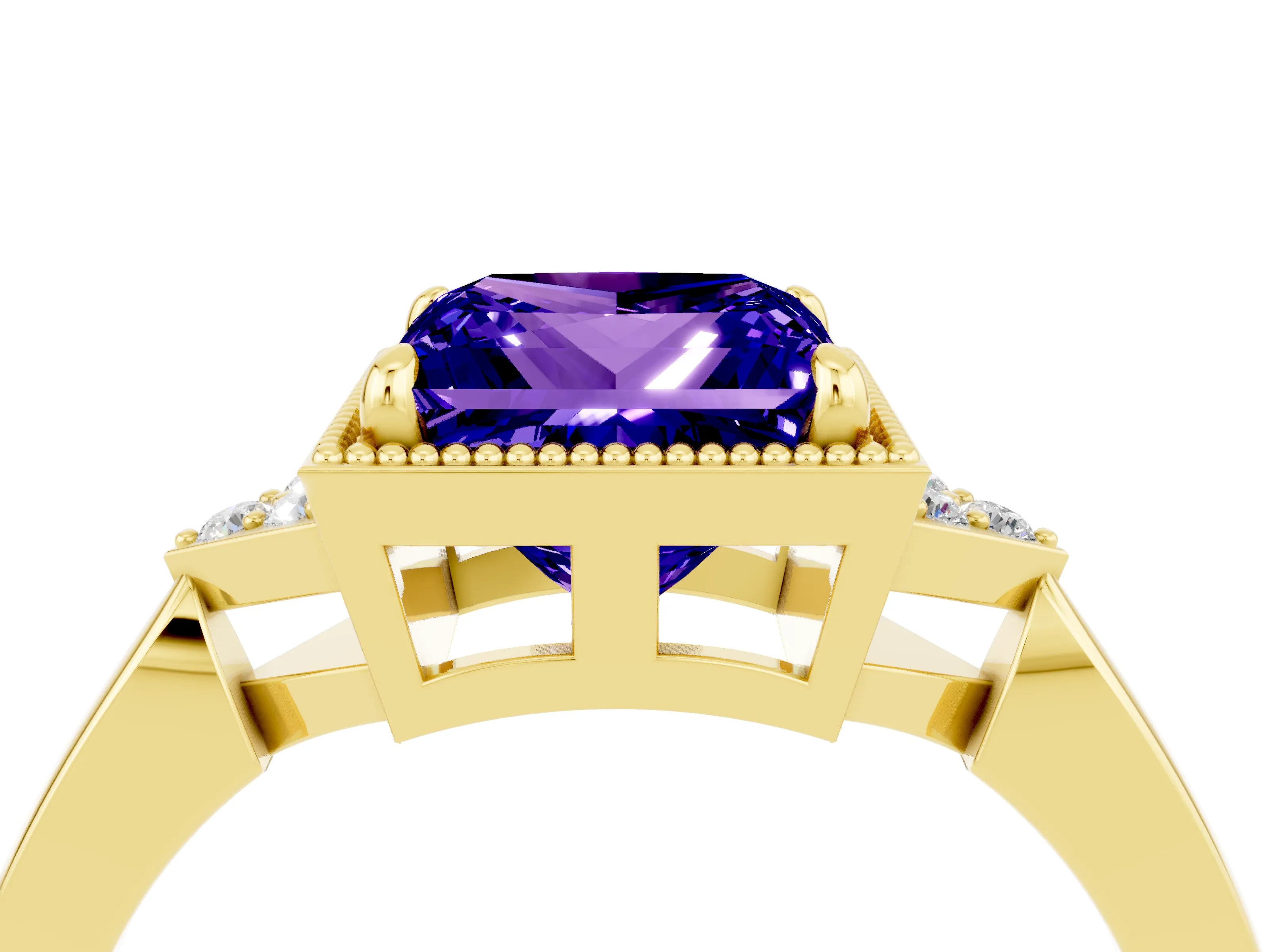 Yellow gold Princess Cut Tanzanite Halo Ring with Tapered Band and Four-Prong Setting_4