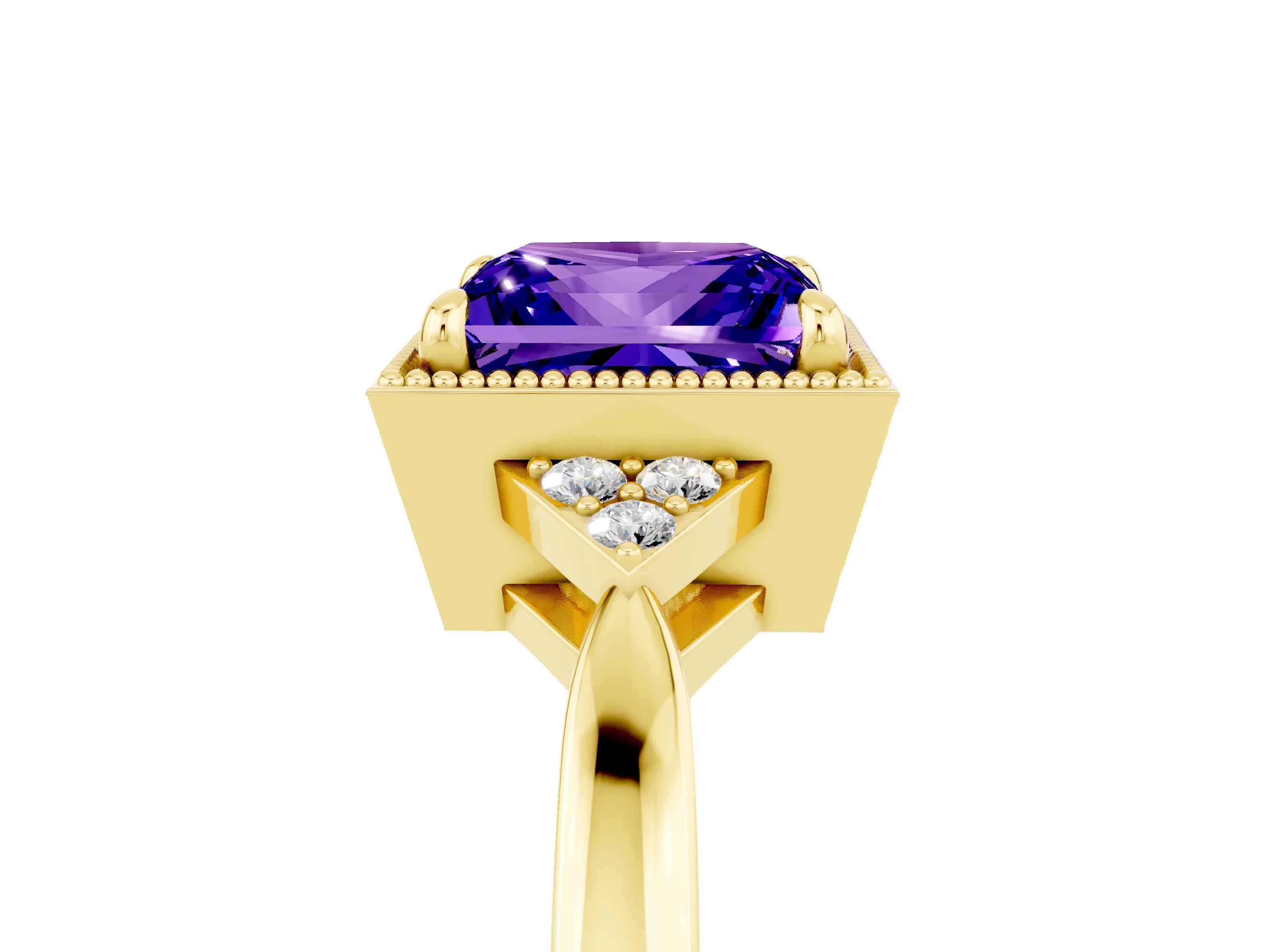 Yellow gold Princess Cut Tanzanite Halo Ring with Tapered Band and Four-Prong Setting_5