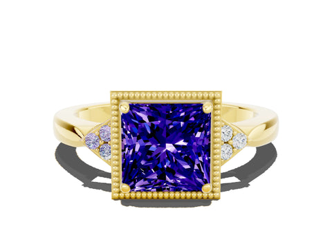Yellow gold Princess Cut Tanzanite Halo Ring with Tapered Band and Four-Prong Setting
