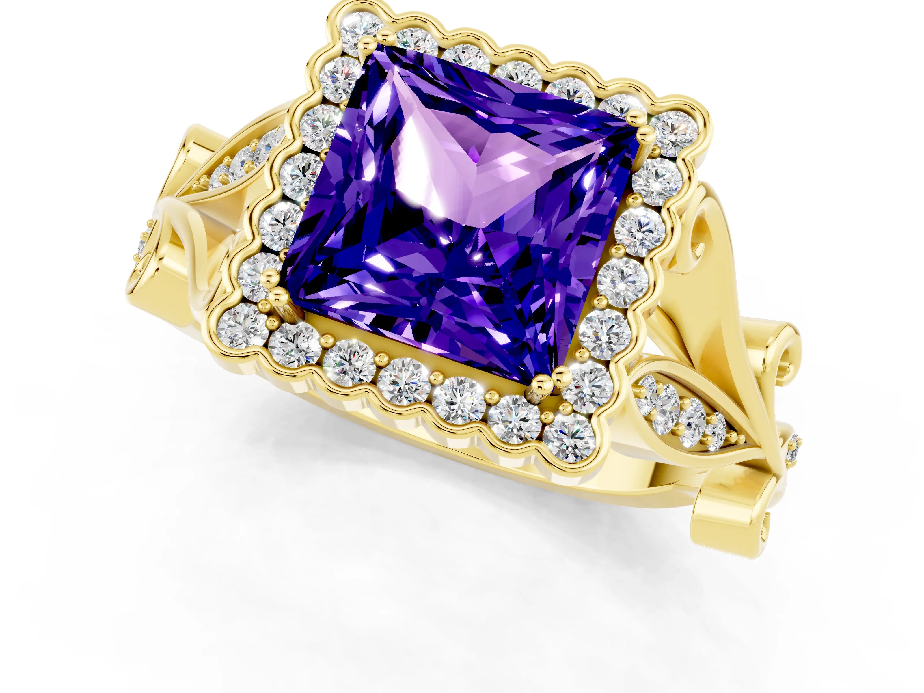Yellow gold Princess Cut Tanzanite Halo Ring with Vintage Split Shank and Four-Prong Setting_1