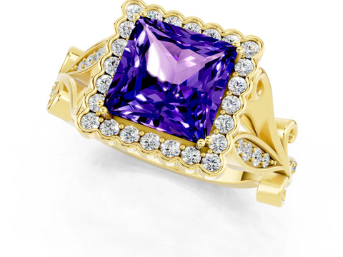 Yellow gold Princess Cut Tanzanite Halo Ring with Vintage Split Shank and Four-Prong Setting_1