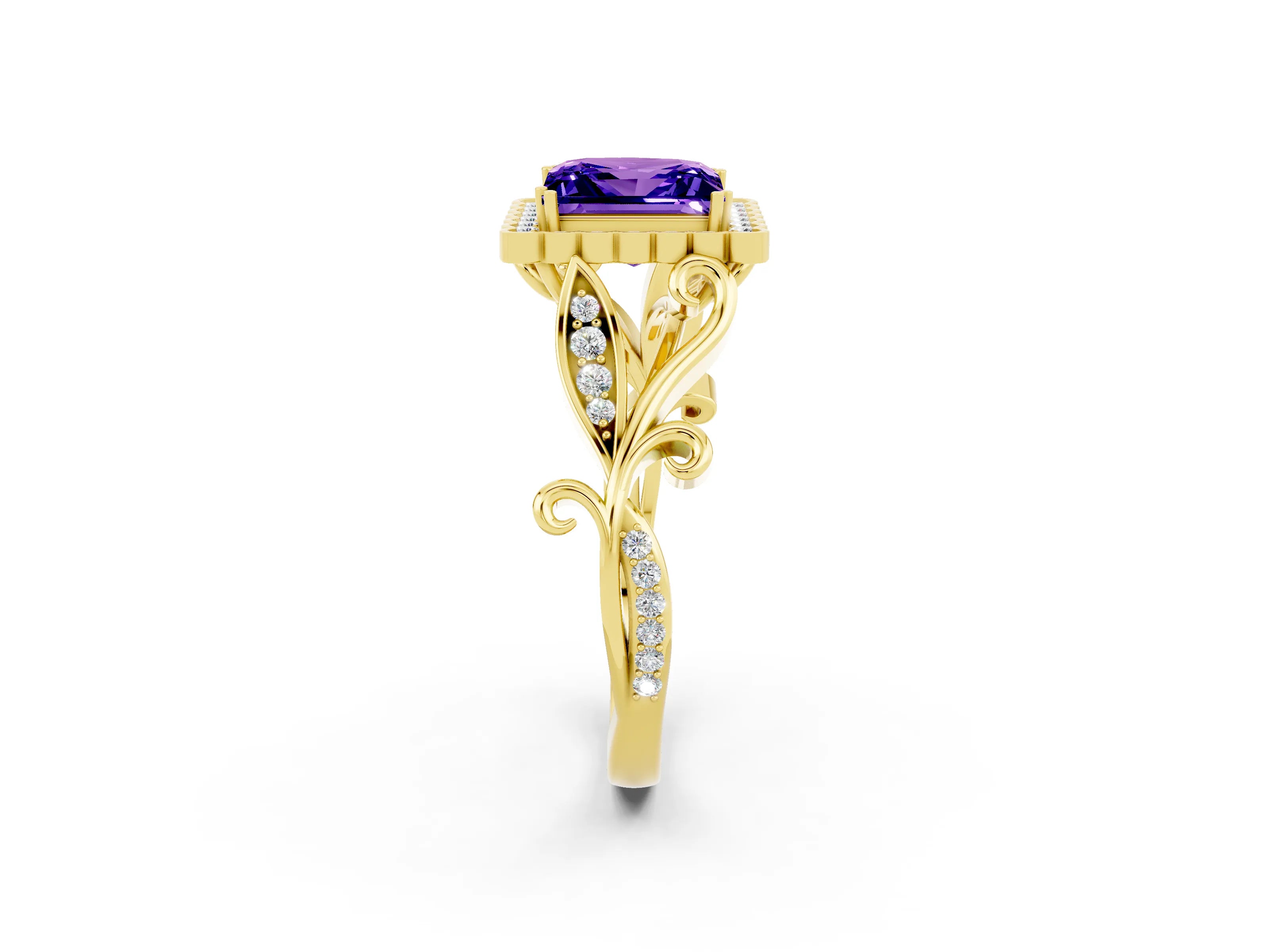Yellow gold Princess Cut Tanzanite Halo Ring with Vintage Split Shank and Four-Prong Setting_2