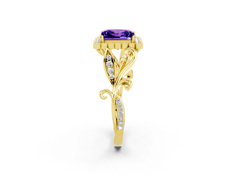 Yellow gold Princess Cut Tanzanite Halo Ring with Vintage Split Shank and Four-Prong Setting_2