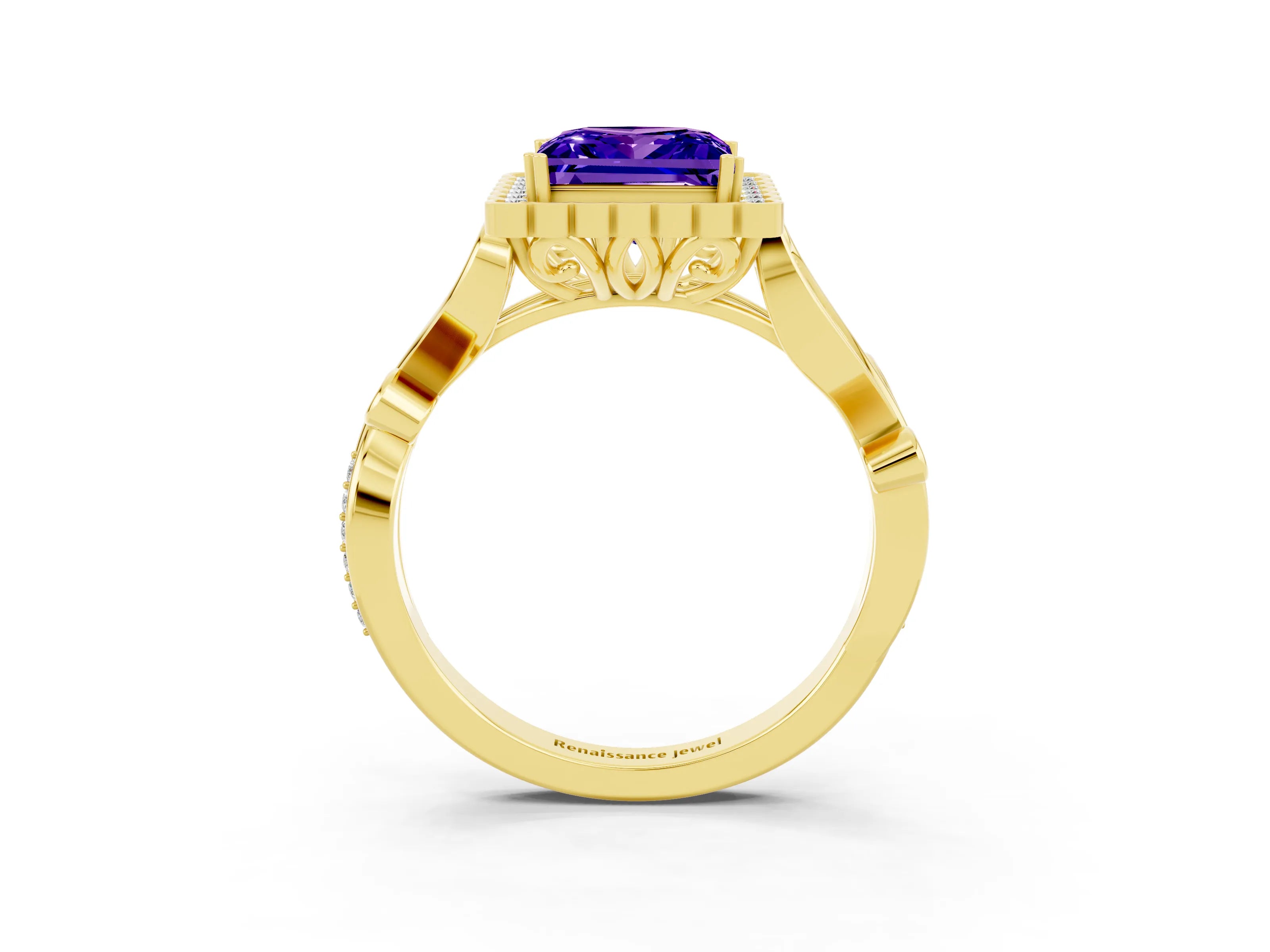 Yellow gold Princess Cut Tanzanite Halo Ring with Vintage Split Shank and Four-Prong Setting_3