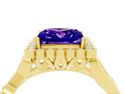 Yellow gold Princess Cut Tanzanite Halo Ring with Vintage Split Shank and Four-Prong Setting_4