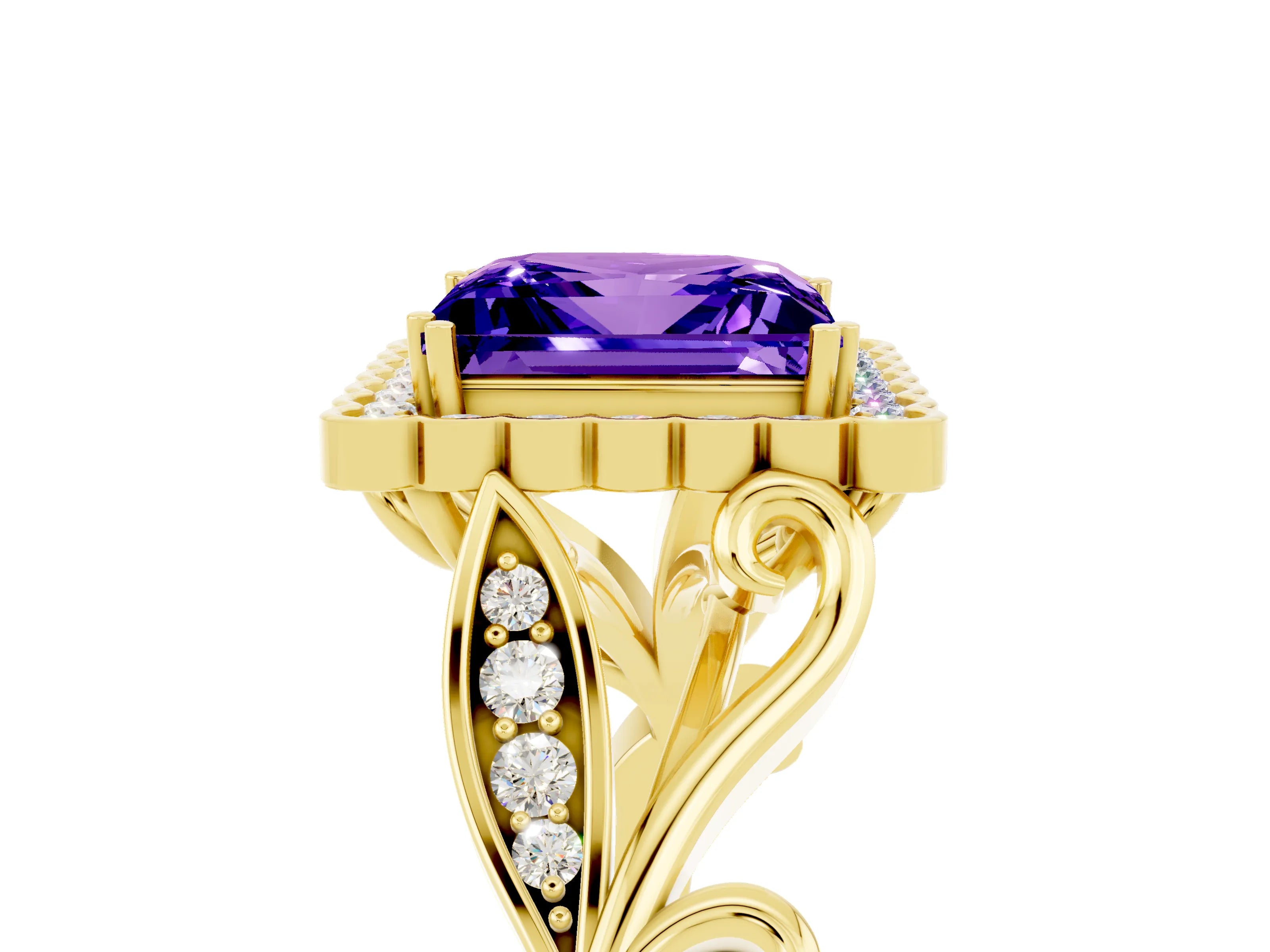Yellow gold Princess Cut Tanzanite Halo Ring with Vintage Split Shank and Four-Prong Setting_5
