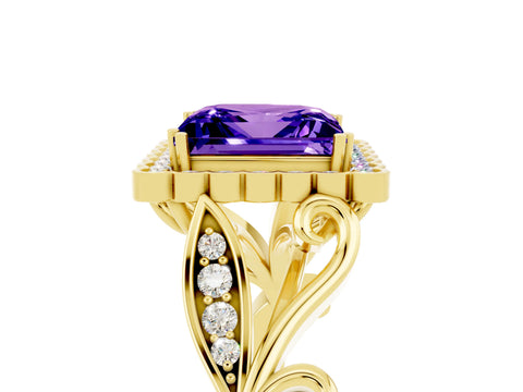 Yellow gold Princess Cut Tanzanite Halo Ring with Vintage Split Shank and Four-Prong Setting_5