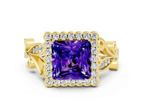 Yellow gold Princess Cut Tanzanite Halo Ring with Vintage Split Shank and Four-Prong Setting