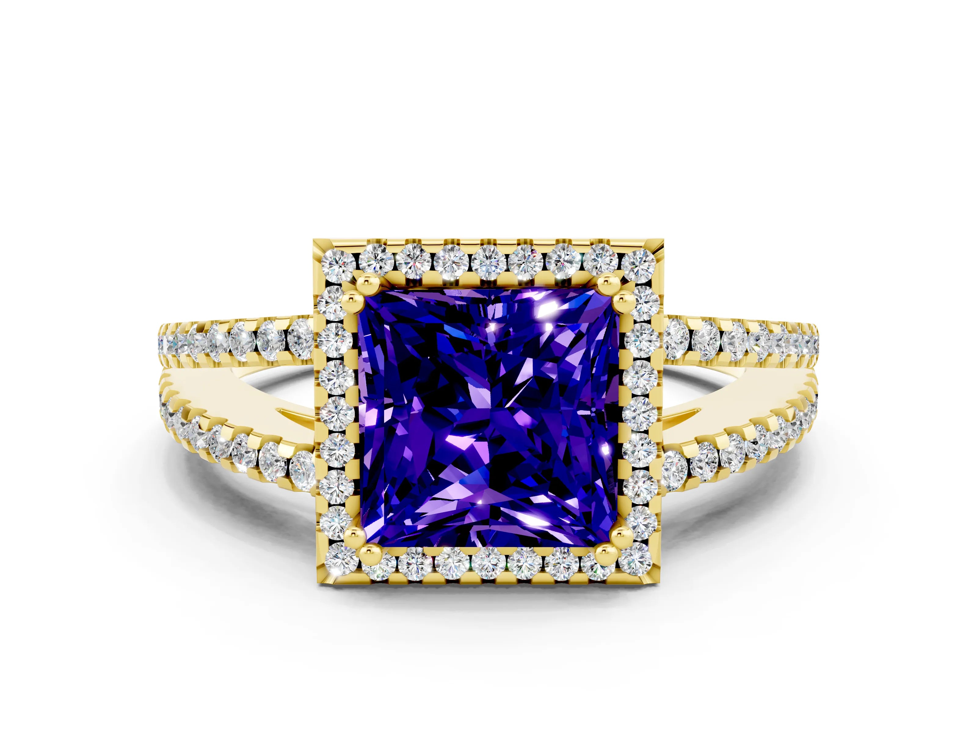 Yellow gold Princess Cut Tanzanite Halo Split Shank Engagement Ring_12