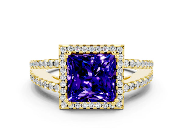 Yellow gold Princess Cut Tanzanite Halo Split Shank Engagement Ring