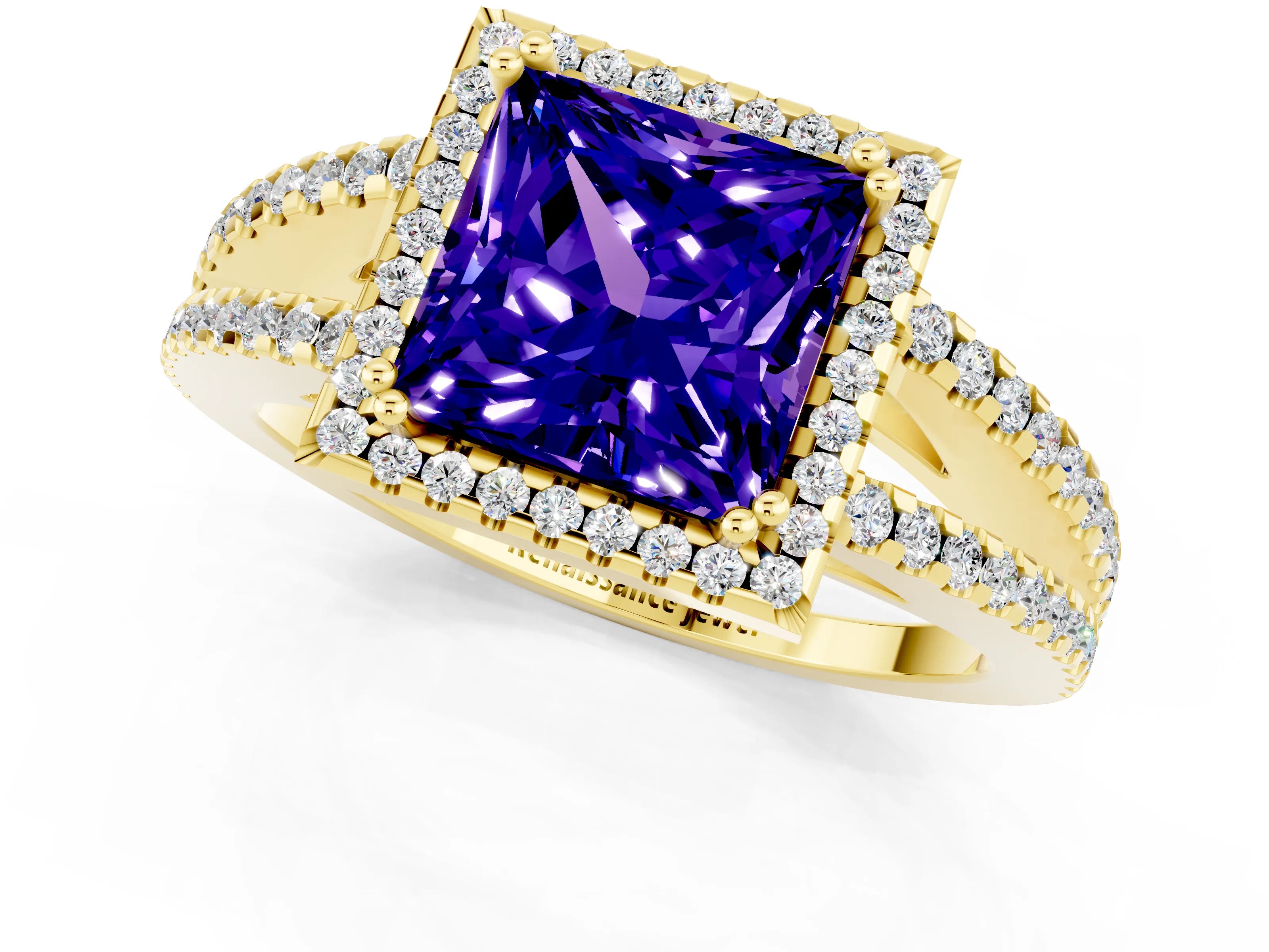Yellow gold Princess Cut Tanzanite Halo Split Shank Engagement Ring_13