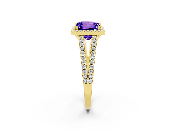 Yellow gold Princess Cut Tanzanite Halo Split Shank Engagement Ring