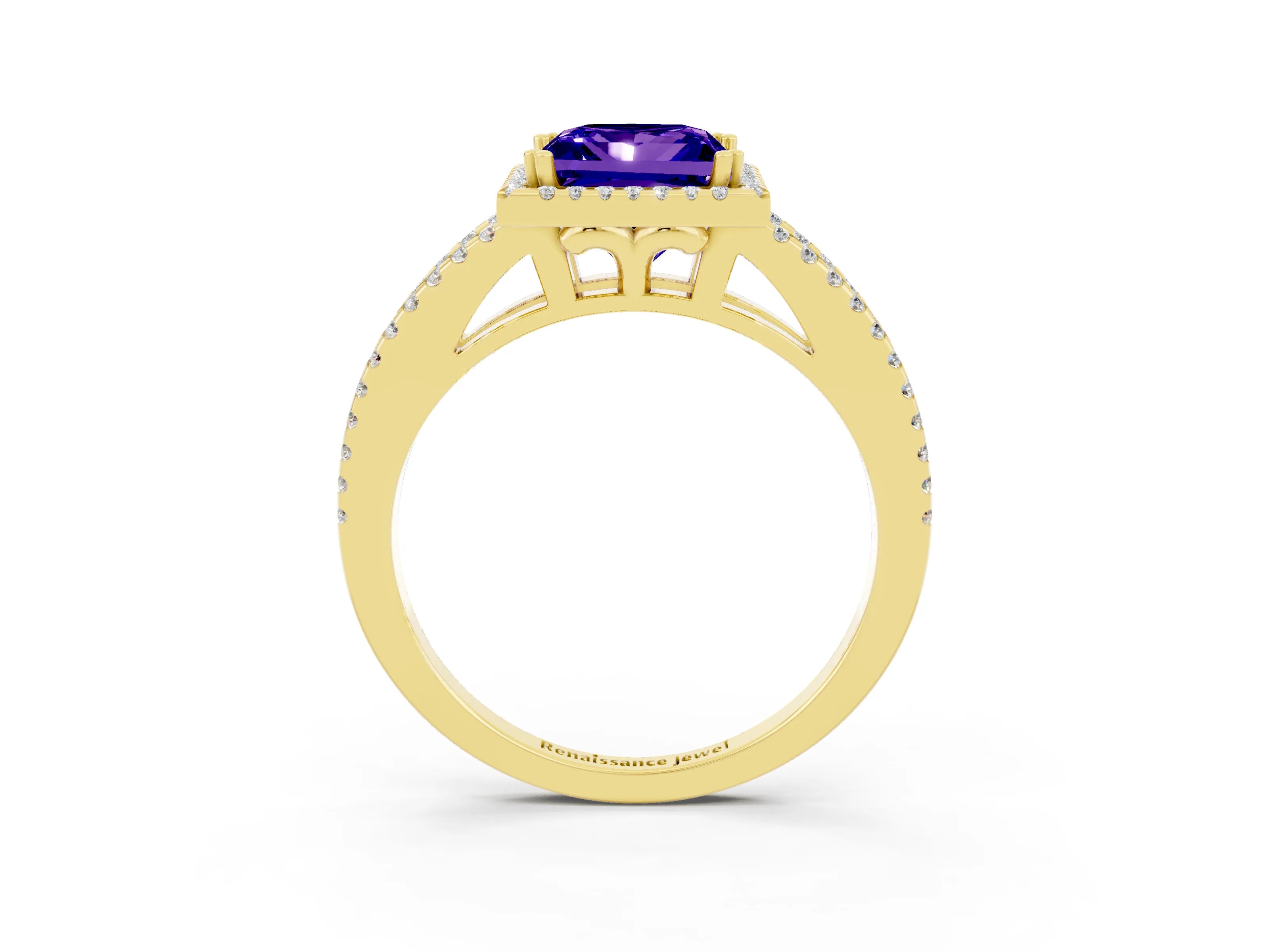 Yellow gold Princess Cut Tanzanite Halo Split Shank Engagement Ring_15