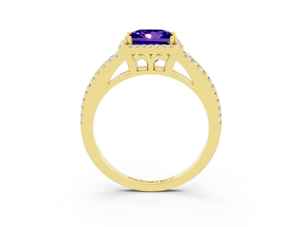 Yellow gold Princess Cut Tanzanite Halo Split Shank Engagement Ring