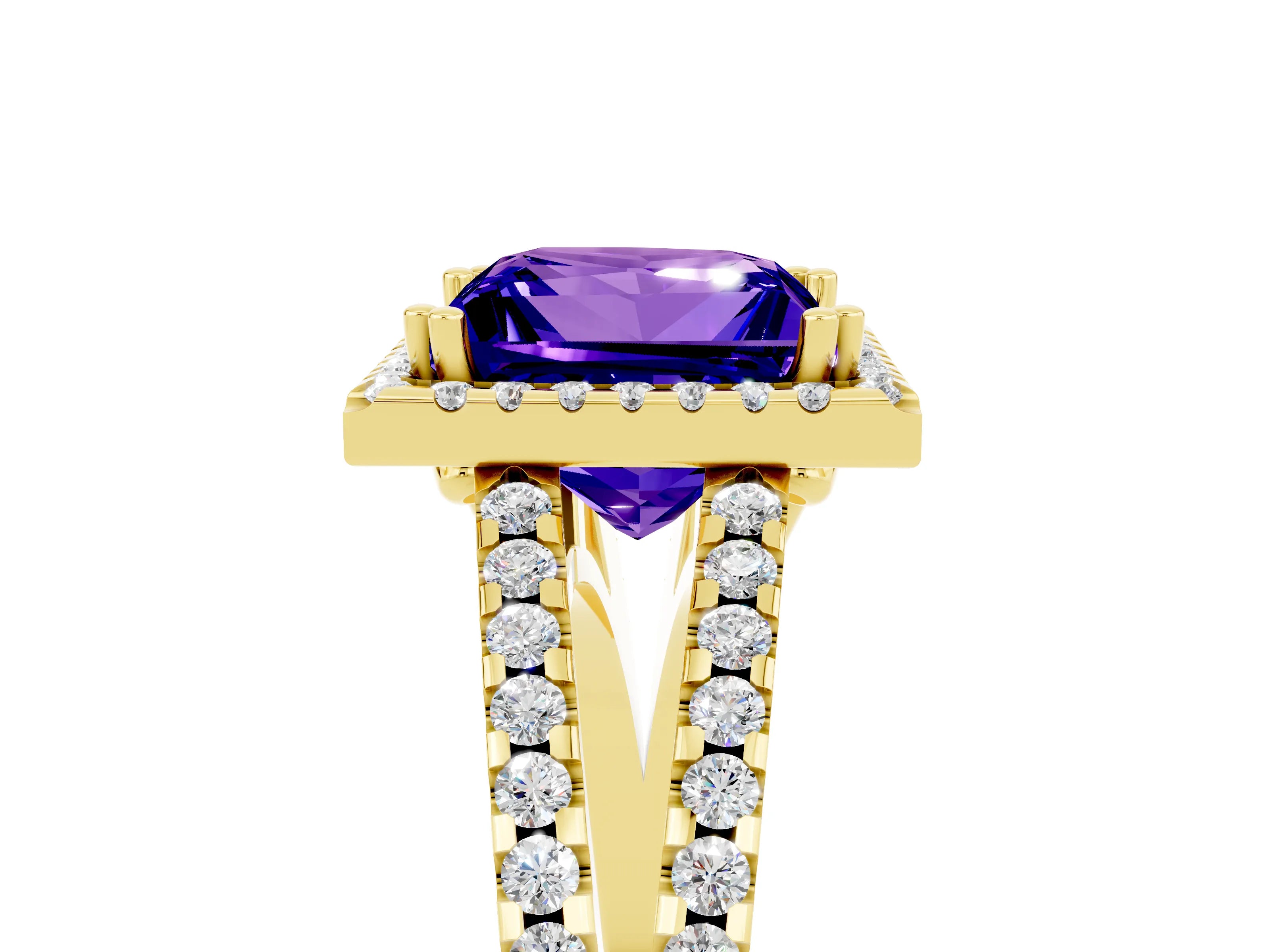 Yellow gold Princess Cut Tanzanite Halo Split Shank Engagement Ring_17