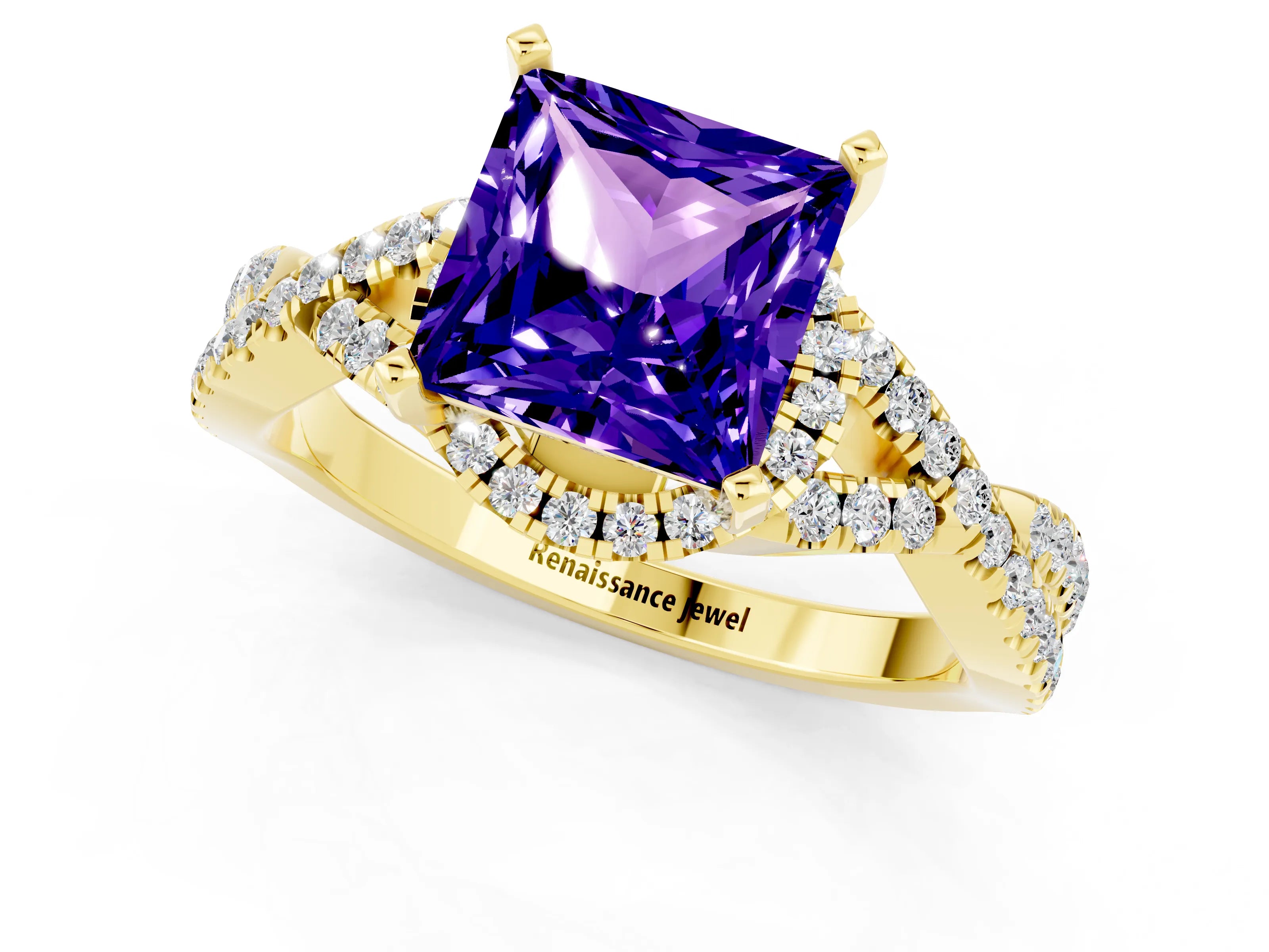 Yellow gold Princess Cut Tanzanite Halo Twist Band Solitaire Prong Setting Ring_1