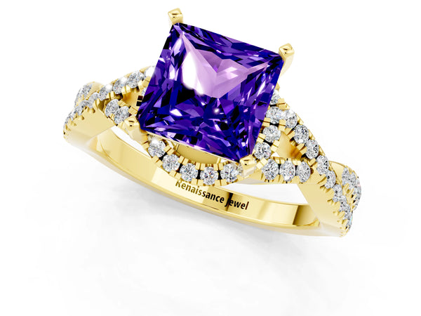 Yellow gold Princess Cut Tanzanite  Halo Twist Band Solitaire Prong Setting Ring