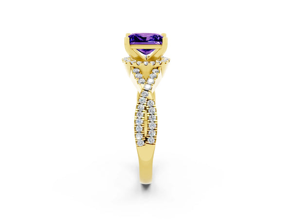 Yellow gold Princess Cut Tanzanite  Halo Twist Band Solitaire Prong Setting Ring