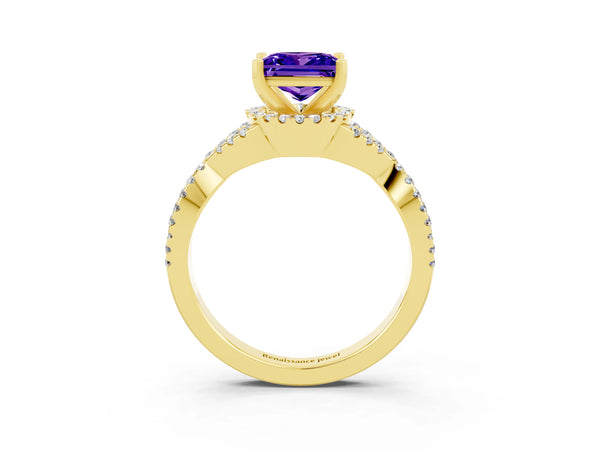 Yellow gold Princess Cut Tanzanite  Halo Twist Band Solitaire Prong Setting Ring