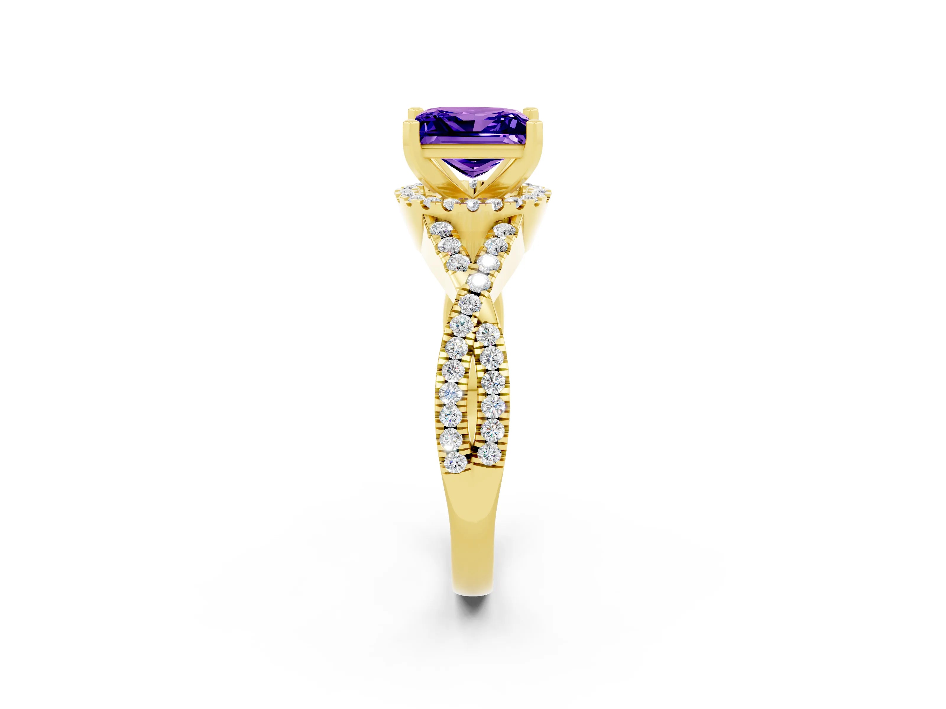 Yellow gold Princess Cut Tanzanite Halo Twist Band Solitaire Prong Setting Ring_2