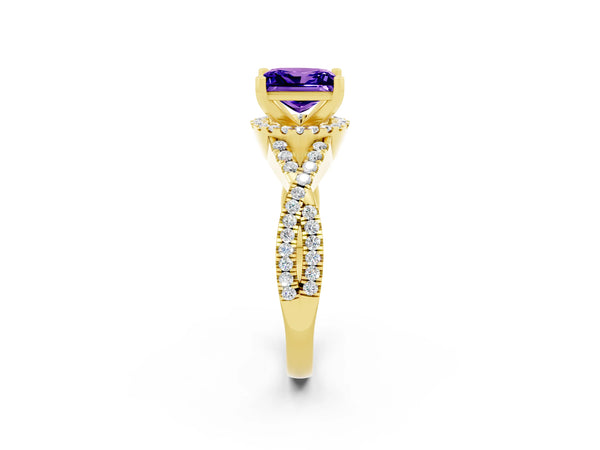 Yellow gold Princess Cut Tanzanite  Halo Twist Band Solitaire Prong Setting Ring