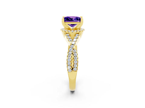 Yellow gold Princess Cut Tanzanite Halo Twist Band Solitaire Prong Setting Ring_2