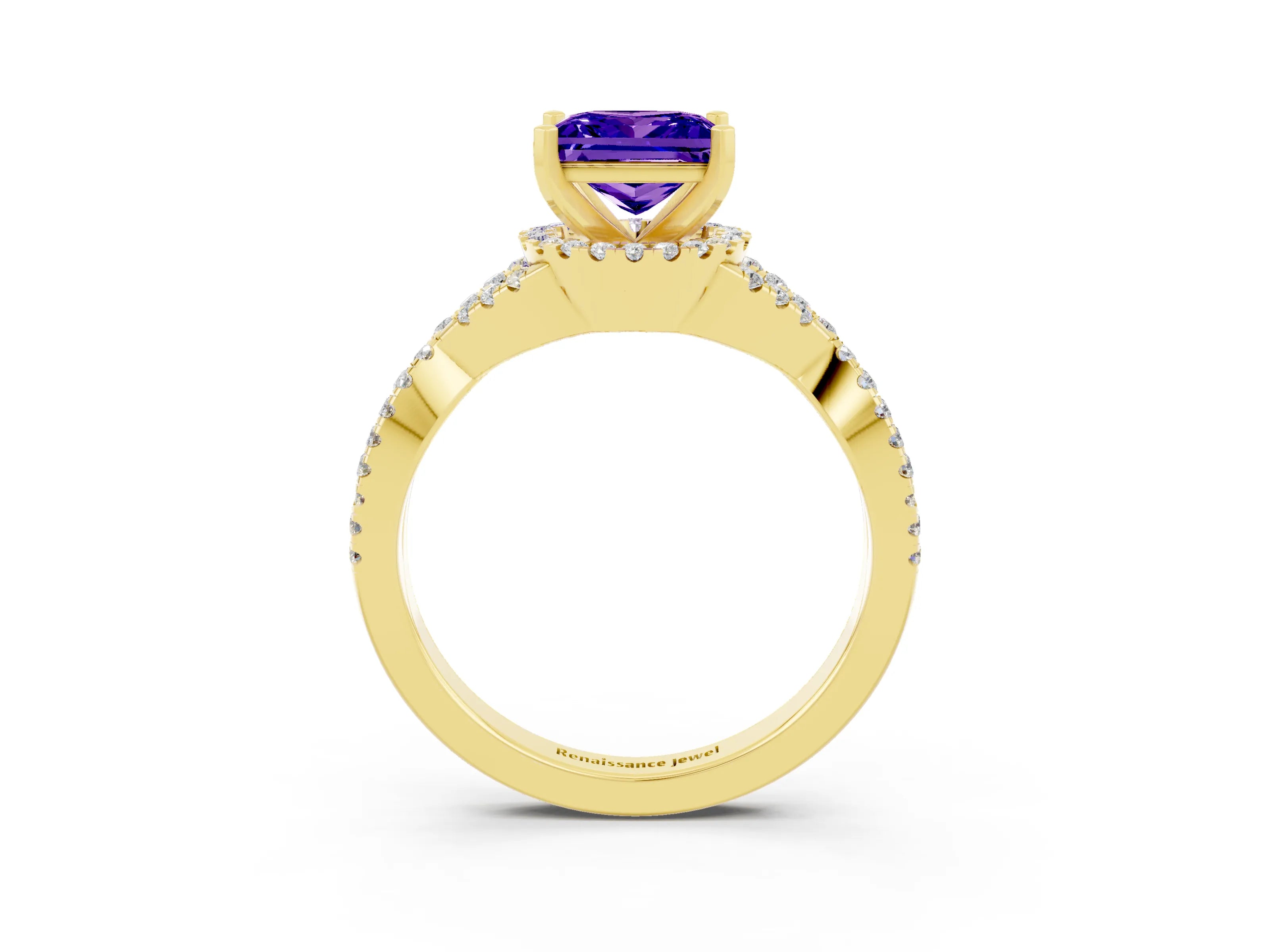 Yellow gold Princess Cut Tanzanite Halo Twist Band Solitaire Prong Setting Ring_3