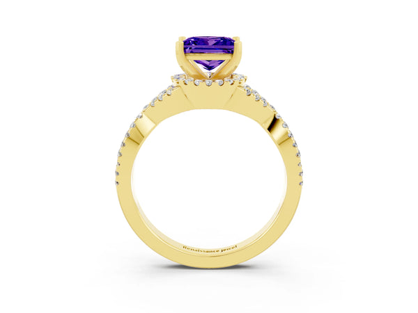Yellow gold Princess Cut Tanzanite  Halo Twist Band Solitaire Prong Setting Ring