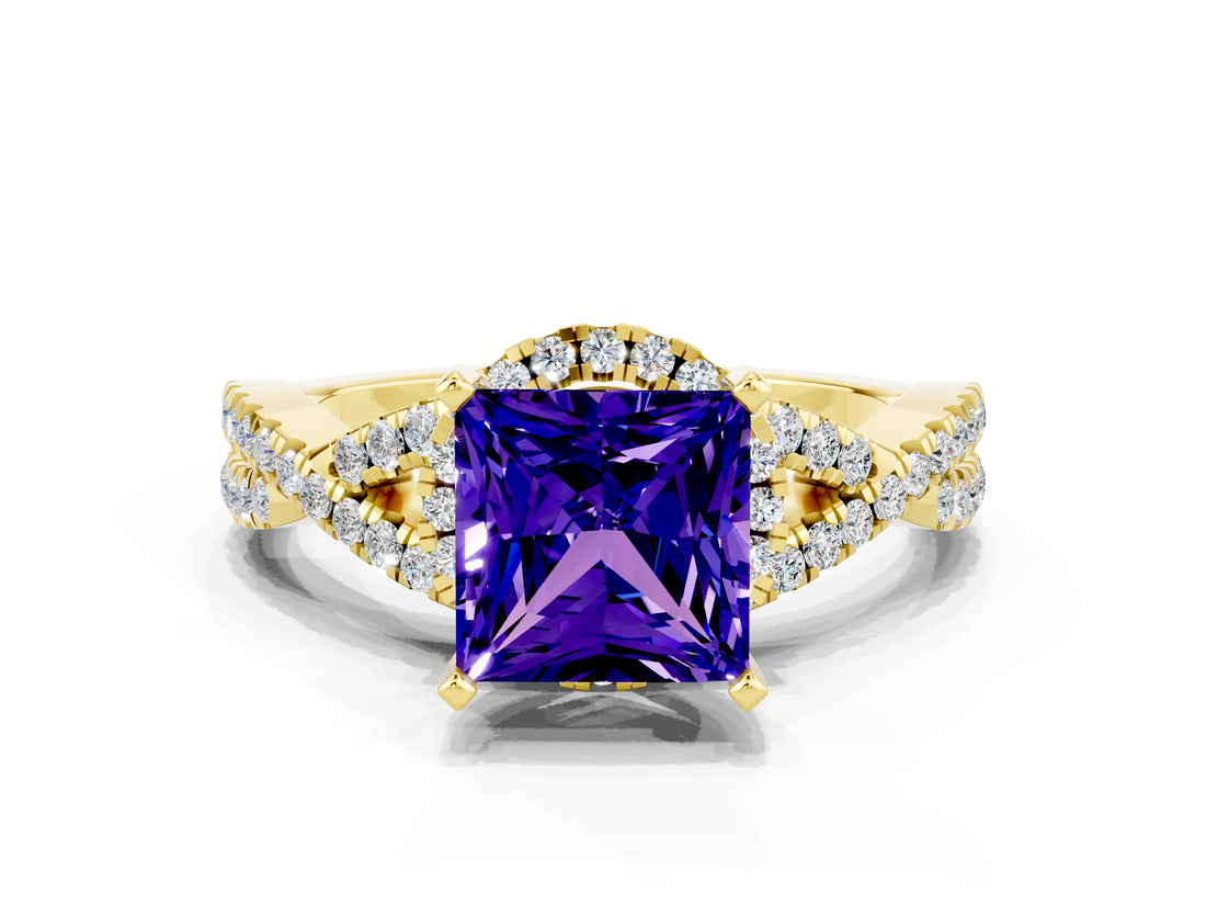 Yellow gold Princess Cut Tanzanite  Halo Twist Band Solitaire Prong Setting Ring_36