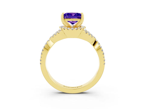 Yellow gold Princess Cut Tanzanite Halo Twist Band Solitaire Prong Setting Ring_3